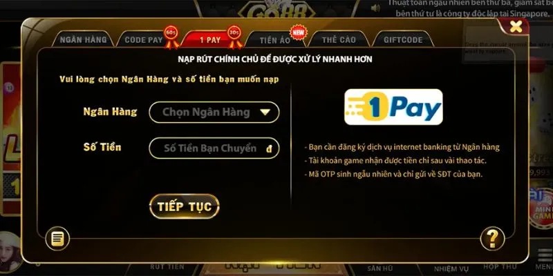 Nạp vốn cược Go88 ios bằng 1 Pay